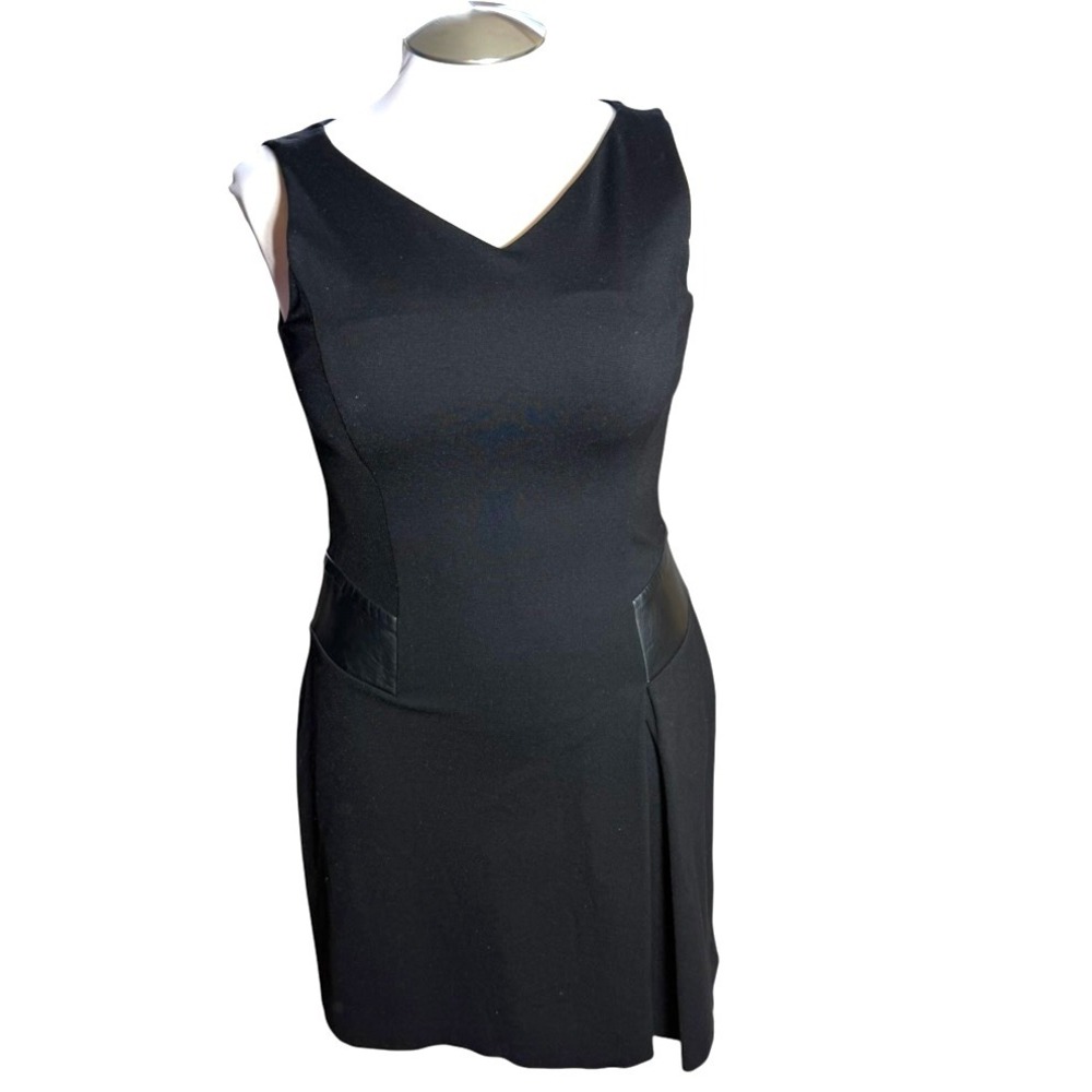 Lauren Ralph Lauren Black V-Neck Sheath Dress Faux Leather Trim Size 12 N